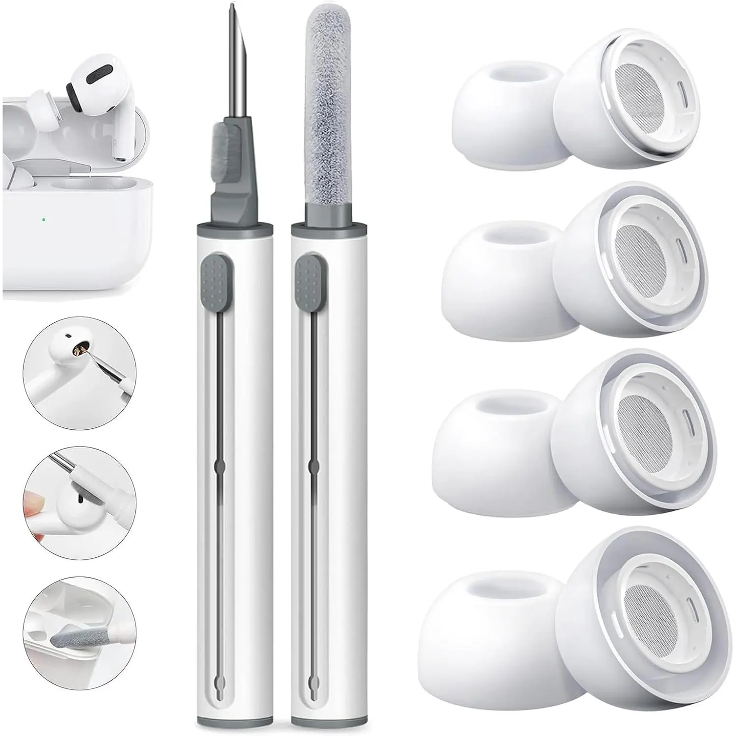 4 Pairs Replacement Ear Tips for AirPods Pro for AirPods Pro 2 with Noise Reduction Hole, Non-Slip Soft Silicone Ear Tips Replacement Buds, 3 in 1 Cleaner Kit for USB-C Charging Case(XS/S/M/L)