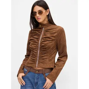 Cider Suede Mandarin Collar Metal Button Zip Through Ruched Jacket