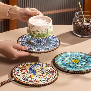 Decorative Ceramic Trivets with Wood & Nylon Rope - Heat Resistant Pot Holders, Kitchen Table Mats for Hot Dishes, Pans, and Teapots