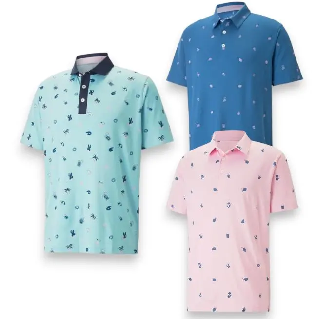 Tropical Beach Icon Pattern Polo Shirt, Summer Mini Print Casual Performance Golf Polo #GolfPolo #SummerStyle #CasualWear #PatternPolo