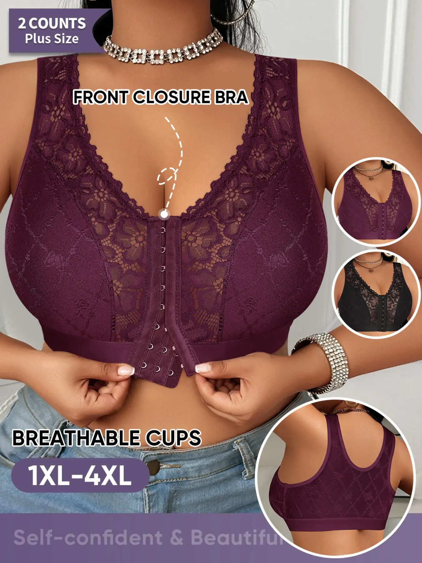 Morelect Large Size Front Buckle Lace Bra, 1xl-4xl, Easy on Off, Breathable, Comfortable Backless Lingerie, Embroidery Pattern, Casual Style