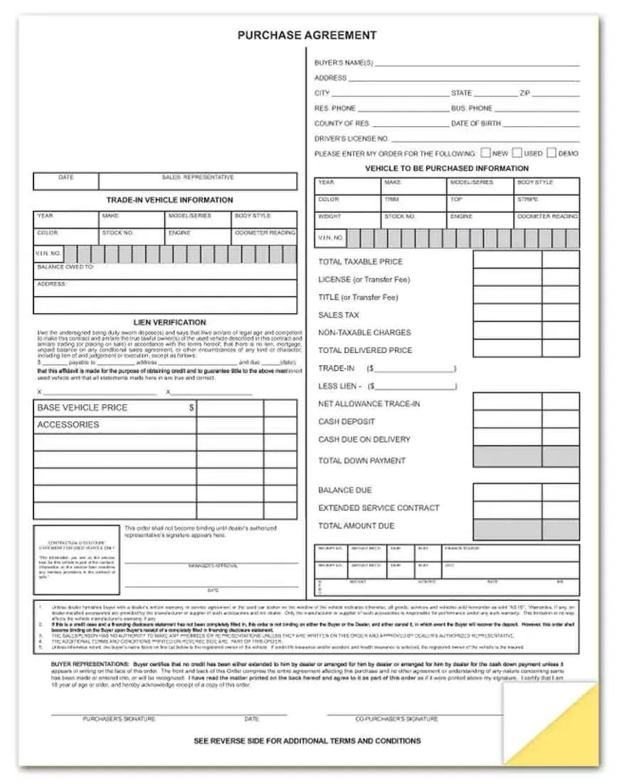 Vehicle Purchase Agreement Form (2-Part) (100 per pack)