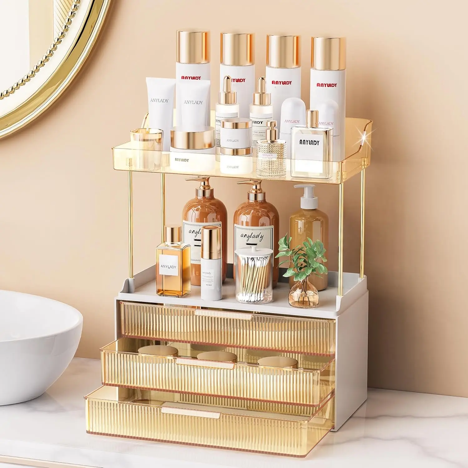 Bathroom Organizers and Storage, Makeup Organizer (Sturdy Durable Attractive), Ideal for Vanity, Countertop, Counter, Perfume, Skincare, Cabinet, Cosmetic, Dresser Organizer (Gold)