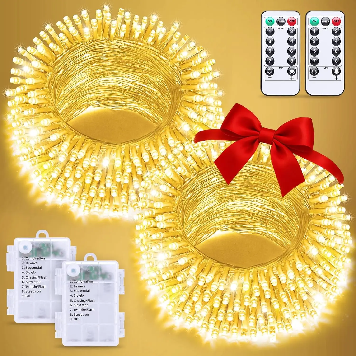 JMEXSUSS 2 Pack Outdoor String Lights Battery Operated, Total 66ft 200 LED Fairy Lights with Remote, Warm White Christmas Lights for Bedroom Classroom Dorm Indoor Yard House Tree Porch Party Holiday