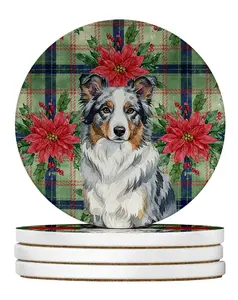 Carolines Treasures WDK8522RCS4 4 x 4 in. Blue Merle Border Collie Christmas Poinsettias Large Sandstone Coasters, Pack of 4