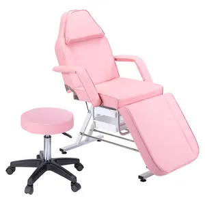 Hydraulic Massage Facial Bed - Adjustable 3-Section Beauty Chair with 2 Trays for Salon/Spa, Pink Ergonomic Tattoo & Barber Chair Seater Furniture Modern Cute