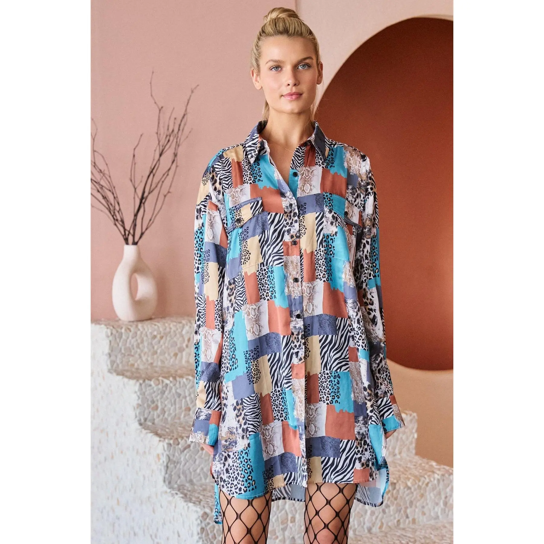 Vintage Patchwork Print Long Shirt