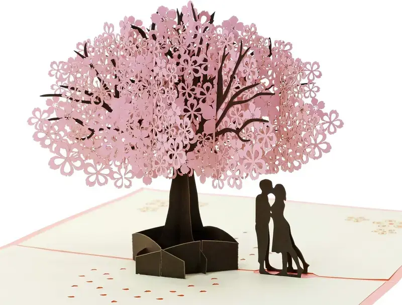 Handmade Cherry Blossom Pop Up 3D Flower Card Romantic Love Letter Greeting Anniversary Wedding Valentine Birthday Gift for Her Him Husband Wife