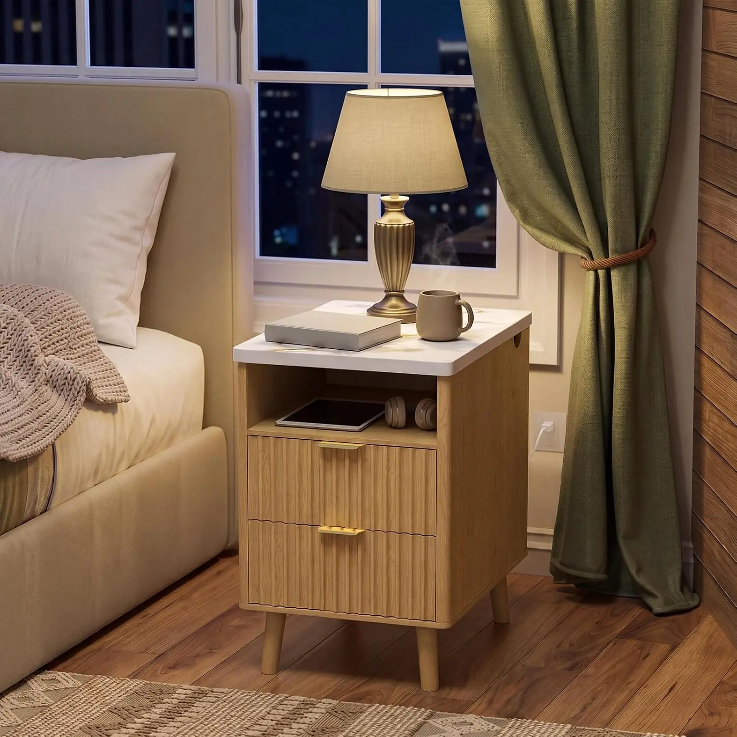 23" Compact Oak End Table - Marble Top, Built-in USB Charging, Fluted Design, 2 Storage Drawers, Display Shelf - Small Space Indoor Living Room Nightstand