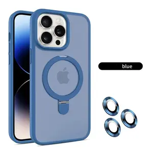 Magnetic Wireless Charger Case with Ring Stand Shockproof Matte Cover & Camera Lens Protector for iPhone 11-16 Pro Max Plus Blue Casing