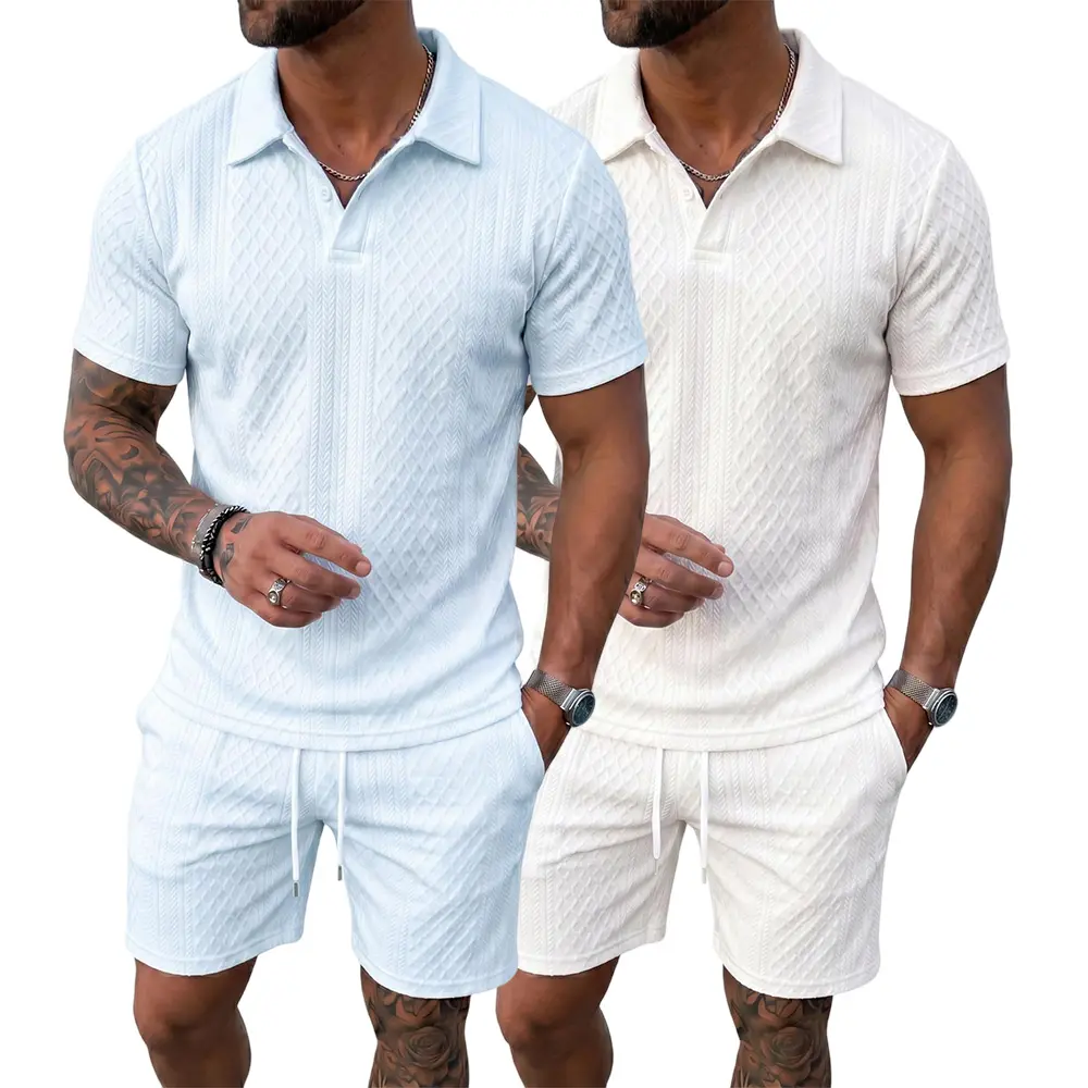 Men’s jacquard summer casual sports set, stylish casual short-sleeve Polo shirt + shorts, suitable for everyday wear, a gift for dad and boyfriend
