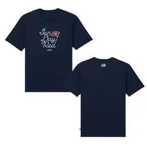 Sunday Red T5 Golf T-Shirt, Minimalist Golf Flag Front Design Tee, Navy Blue Shirt with USA Patch Back Detail, Soft Cotton Blend Shirt, Clean Golf Apparel for Men and Women, Championship Sunday Gift