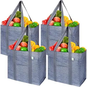 4 Pack  Grocery Bags, Heavy-Duty Shopping Bags with Handles, Bags for Shopping Cart with Hard Bottom to Stand Upright, Foldable, Multi-Purpose(Gray, 4 Pack)