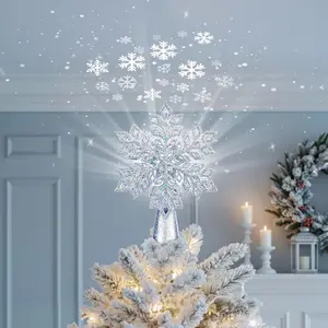 Christmas Tree Topper with Built-in 3D Flashing LED Snowflake Projection Lights Silver Hexagonal Snowflake Tree Finial Ideal for Christmas and New Year Parties and Festive Indoor Decorations