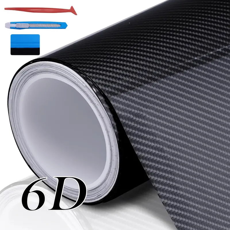 6D Black Carbon Fiber Vinyl Wrap Including Tool Kits, High Glossy Black Car Vinyl Film Roll, Air Release Technology Auto Accessories Wrap Car Motor DIY Interior Exterior 1ft x 5ft