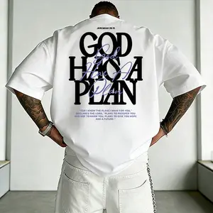 Men’s oversized “God Has a Plan” Christian graphic T-shirt, Jeremiah 29:11 Bible verse print streetwear tee, loose-fit short-sleeve shirt—ideal for everyday wear, faith-based outfits, and urban style.