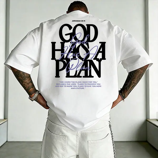Men’s oversized "God Has a Plan" Christian graphic T-shirt, Jeremiah 29:11 Bible verse print streetwear tee, loose-fit short-sleeve shirt-ideal for everyday wear, faith-based outfits, and urban style.