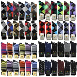 USBingoshop 12 Pack Men's Cotton Argyle Striped Solid Ribbed Black Crew Dress Socks Superior Quality Fashion Wedding Business Casual Elegant Stylish Formal Socks for Men