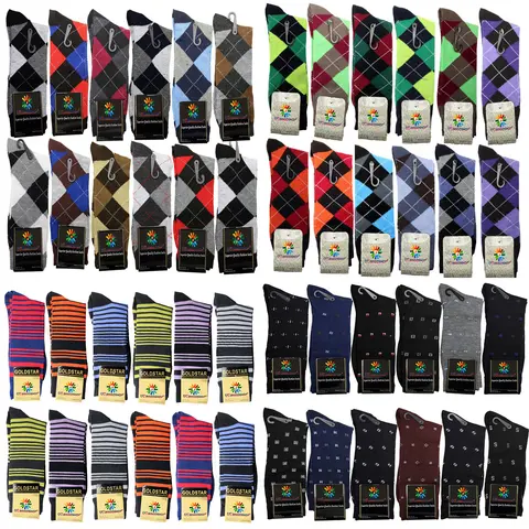 USBingoshop 12 Pack Men's Cotton Argyle Striped Solid Ribbed Black Crew Dress Socks Superior Quality Fashion Wedding Business Casual Elegant Stylish Formal Socks for Men