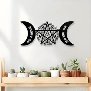 Pentagram Moon Phase Pattern Wall Art, Classic Witch Pagan Celestial Design Wall Decor, Easy To Hang Wall Mural, Suitable for Living Room, Halloween Use, Ornaments, Modern Home Decoration