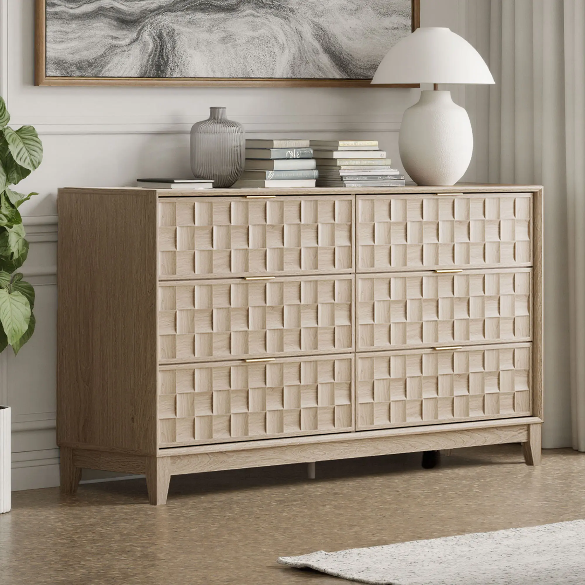 COLAMY 6-Drawer Fluted Wood Dresser, Modern Storage Cabinet Sideboard Buffet, Large Chest of Drawers for Bedroom, Living Room, Hallway