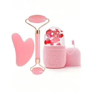 3pcs Ice Massage Roller Set - Facial beauty massagers, Facial Cooling Massage Roller, Silicone Ice Massage Roller, Rose Quartz Roller Massager With Gua Sha Board, For Relieving Facial And Eye Puffiness, Contour Shaping, Skin Care And Radiance