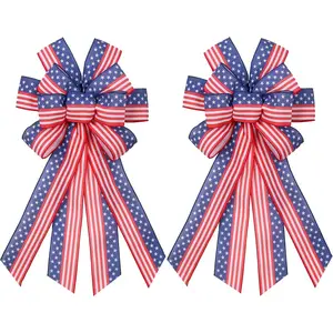 2 PCS 20*12" Large Patriotic Wreath Bows Star and Stripe America Flag Red Blue Burlap Bow for 4th of July Veteran's Day Independence Day Memorial Day Front Door Holiday Party Home Decor
