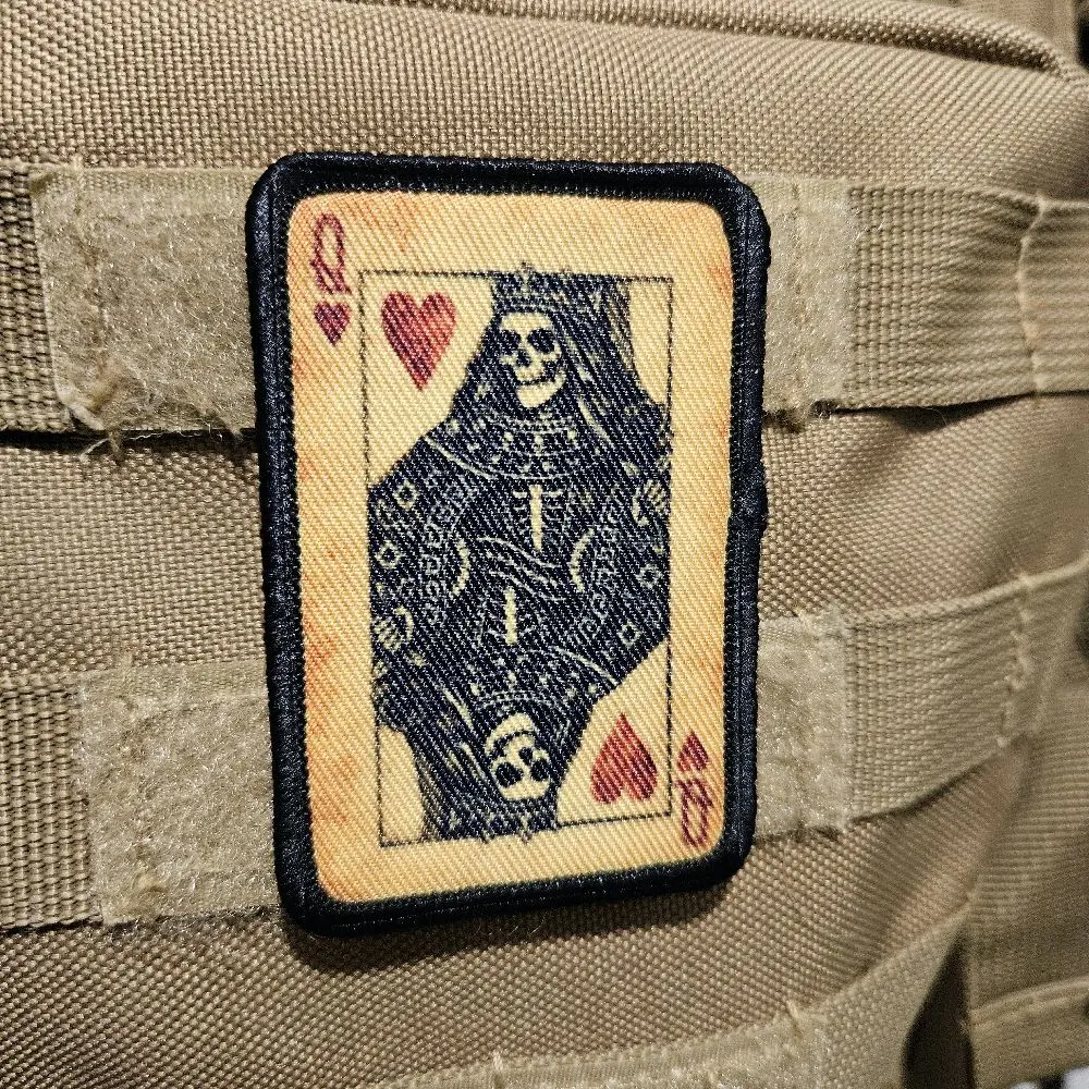 goth skeleton style queen of hearts 2"x3" removable morale patch with hook and loop backing