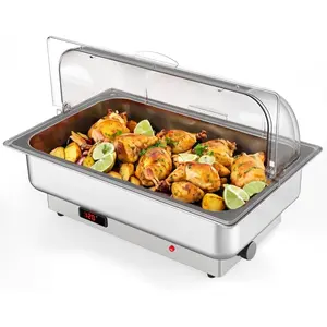 9L Rectangular Stainless Steel Electric Buffet Food Warmer, Precise Temperature Control, Transparent Lid with 1 Large Tray & 2 Half-Size Trays, Ideal for Catering, Weddings and Reception Events