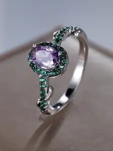 Luxurious and delicate silver coloured twig ring with purple and green synthetic zirconia embellishments Women's Perfect Wedding Ring Classic Versatile Ladies Accessories Artificial Zircon Rings