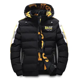 Men’s black streetwear puffer jacket with yellow/white accents, BASE graphic hooded warm winter coat