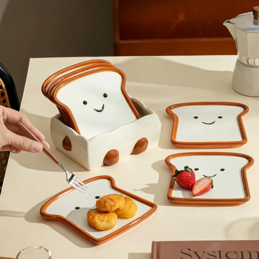 Set of 7 Smiling Ceramic Plates with Base, Cute Toast Face Dessert Plate, Kitchen Counter Dish, Spoon Rest, Jewelry Tray, Coffee Bar Decor, Dishwasher Safe Tableware