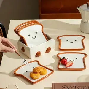 Set of 7 Smiling Ceramic Plates with Base, Cute Toast Face Dessert Plate, Kitchen Counter Dish, Spoon Rest, Jewelry Tray, Coffee Bar Decor