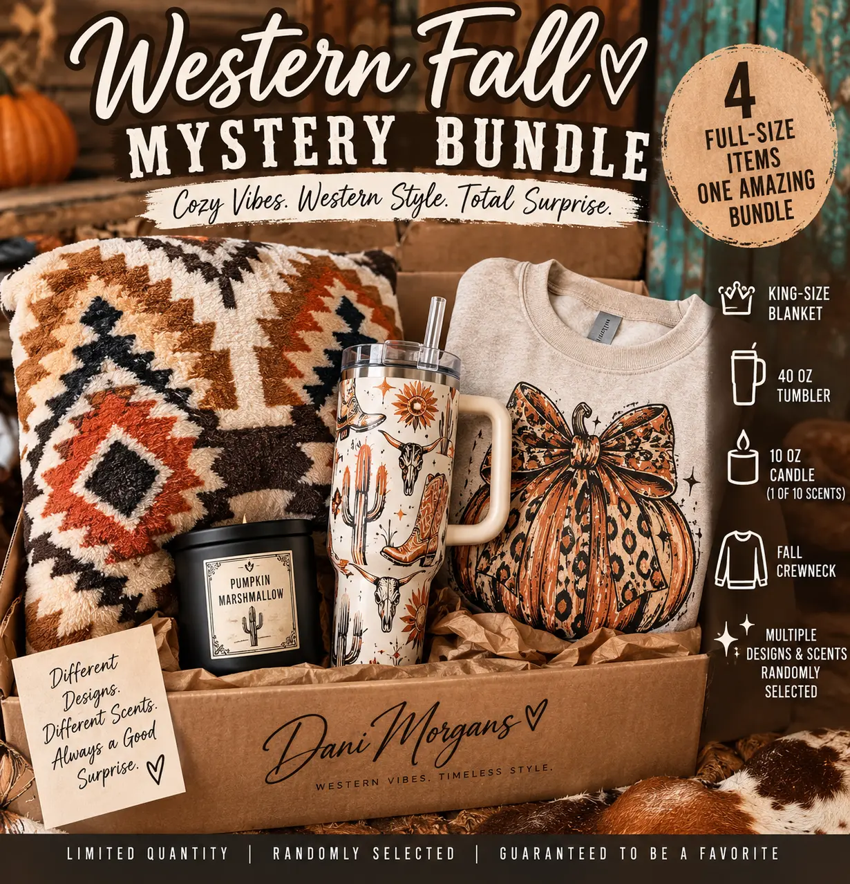 Western Fall Cozy  Bundle – King Blanket, Crewneck, 40oz Tumbler & Candle