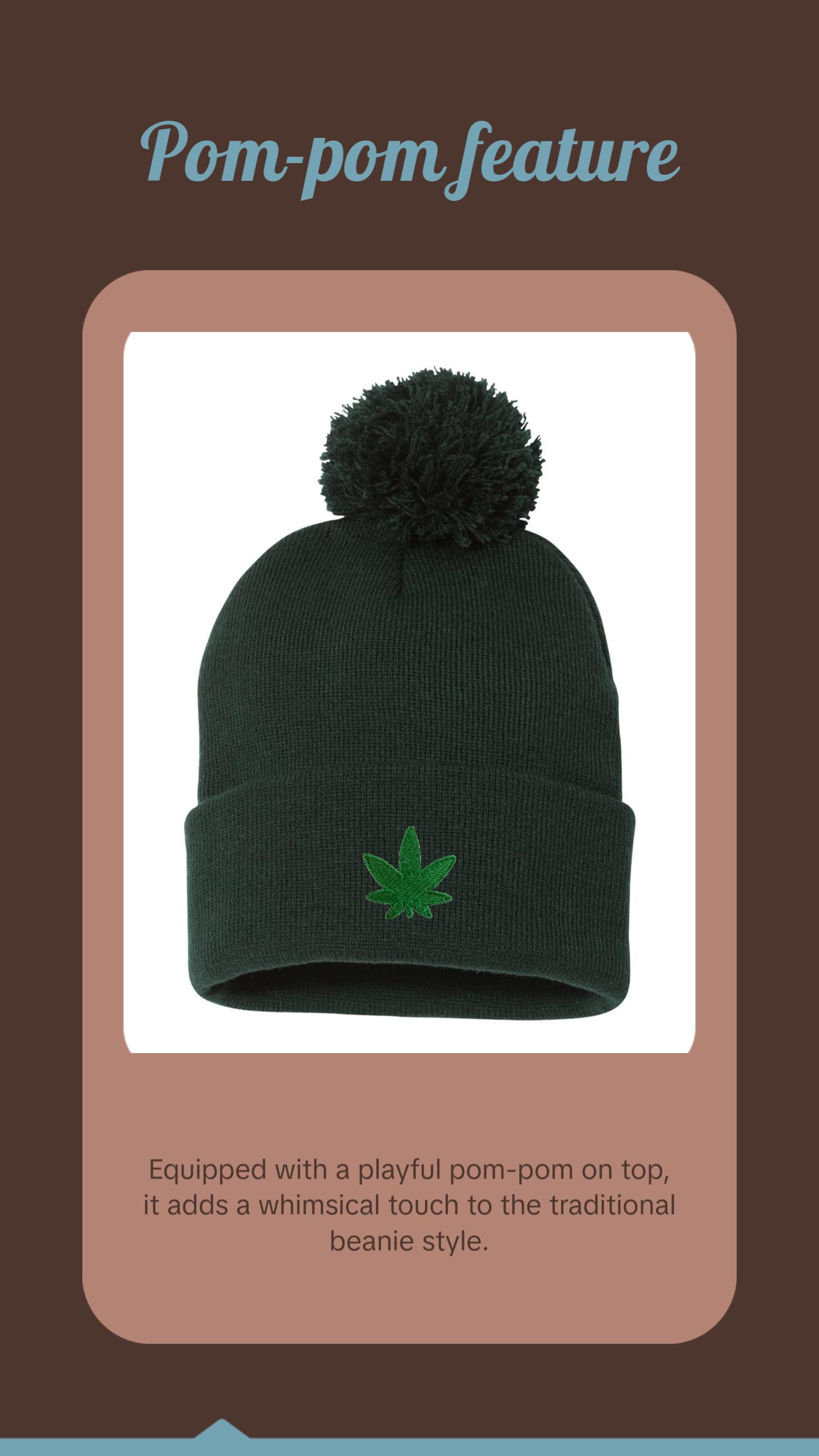 Marijuana Leaf Embroidered Knit Beanie Pom Cap