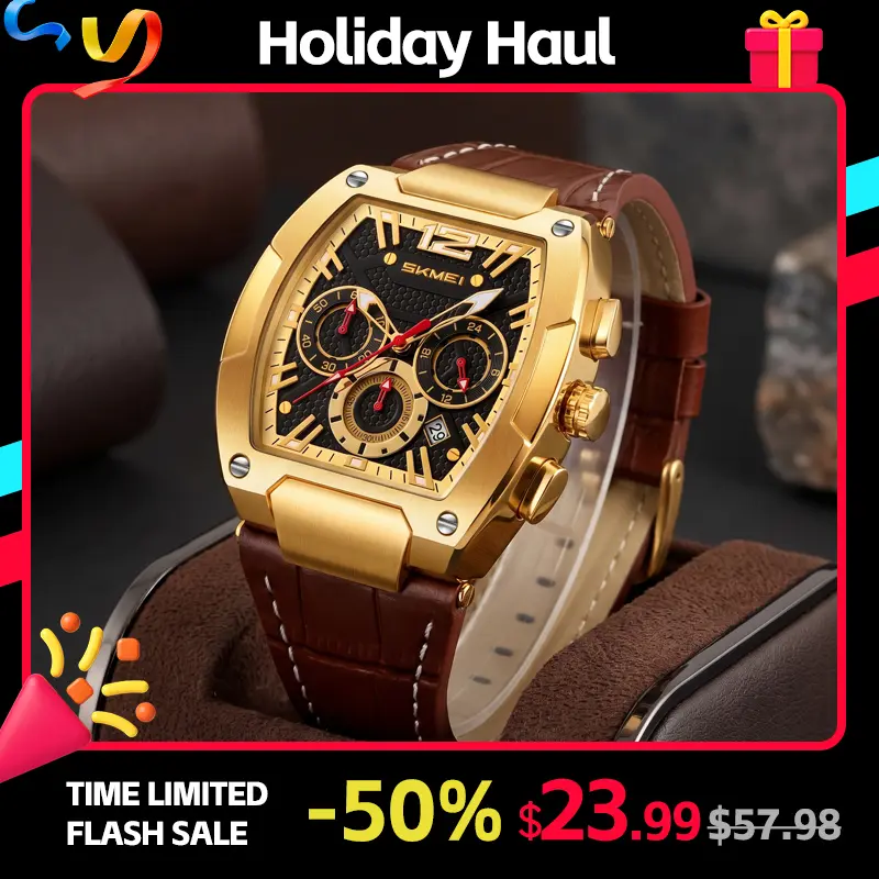 SKMEI Men's Casual Luminous Fashionable Multifunctional Quartz Watch Set - Barrel Dial, 3ATM Waterproof 30m Use, Dark-Glow Hands, Scratch-Proof Glass, Leather Strap, Sleek Wrist Watch, Ideal New Year's Gift