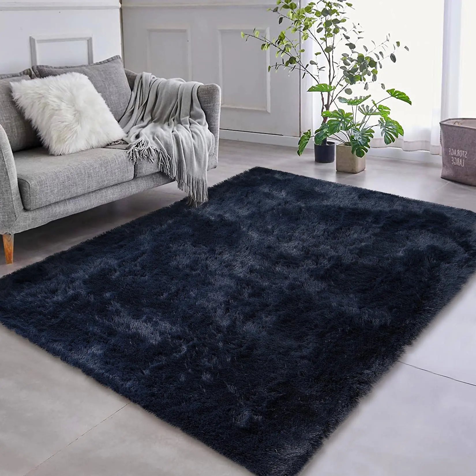 Shag Area Rug 4' x 6', Plush Indoor Fuzzy Fluffy Area Rug Faux Fur Rugs Non-Skid Furry Carpet for Living Room Bedroom, Dark Navy