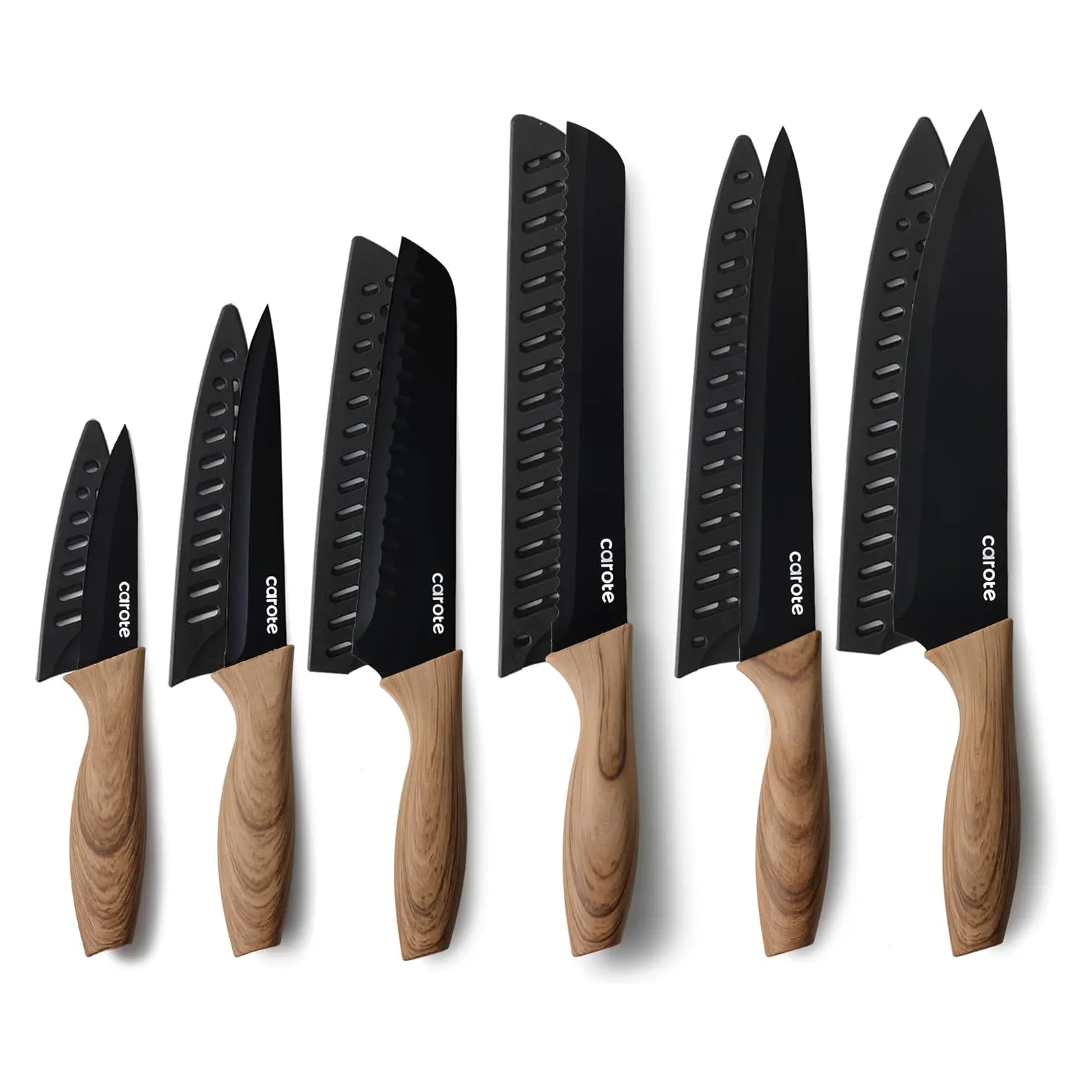 CAROTE 12-Piece Knife Set, Knives with Wood-Grain Finish Handles, Black 6 Blade Guards, Stainless Steel Blade, Ceramic Nonstick Coating, Long-Lasting Sharpness, Rust-Resistant, Kitchen, Camping, RV