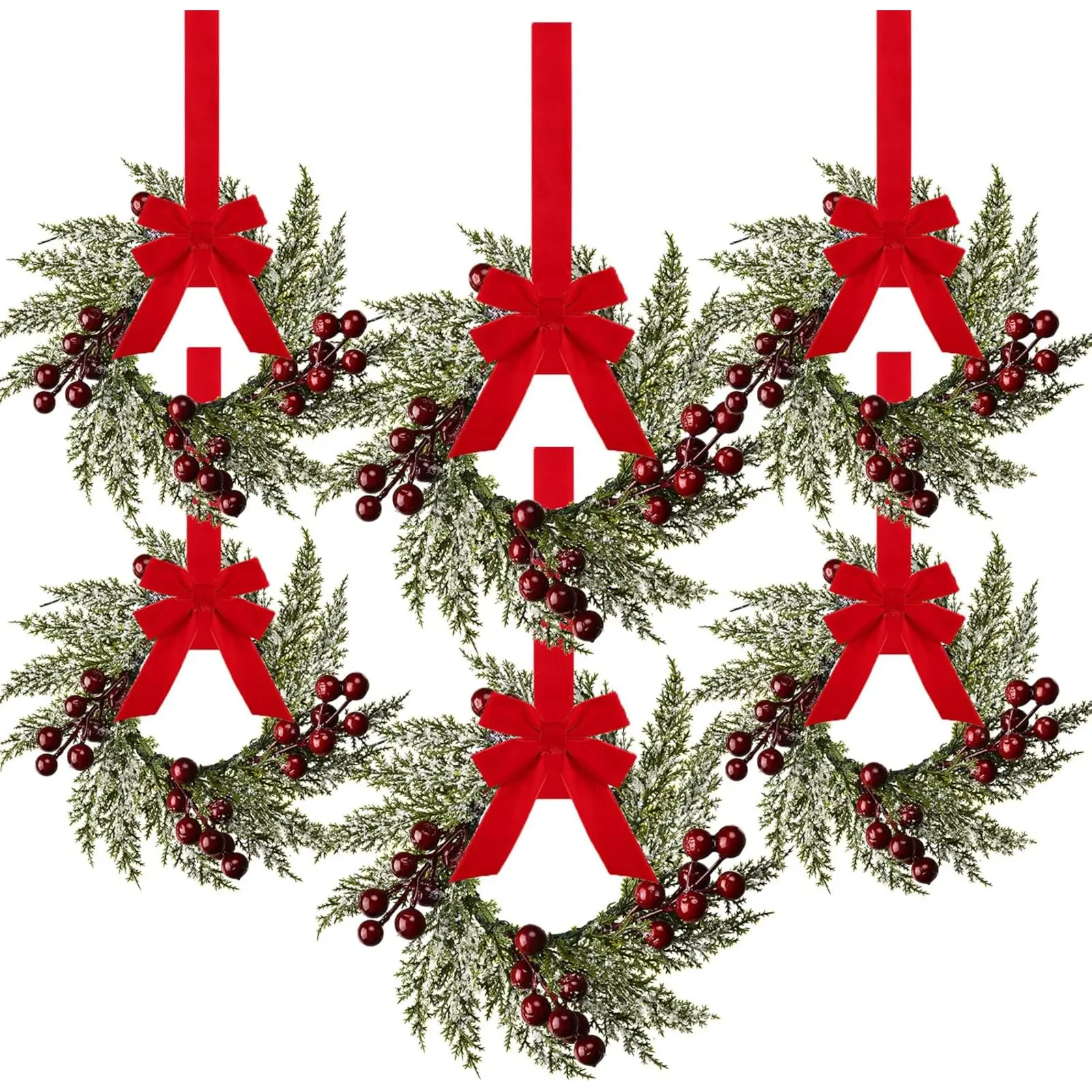 6 Pieces 8" Mini Christmas Wreaths with Artificial Red Berries & Pinecones for Kitchen Cabinet Window Front Door Farmhouse Decoration No Ribbon