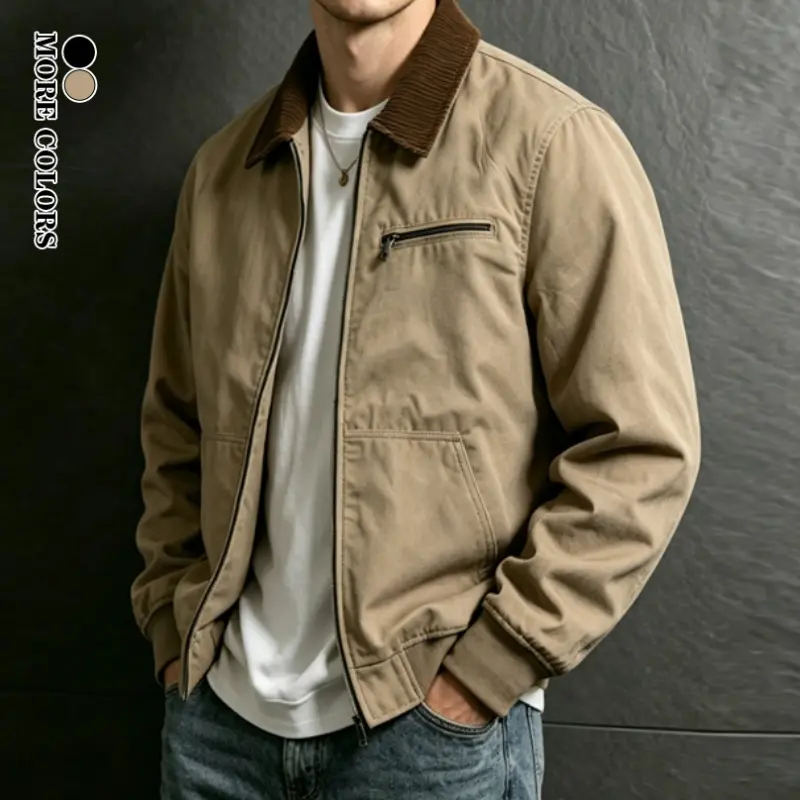 Men’s Vintage Workwear Jacket - Menswear Coats, Outdoor Casual Loose-Fit Zip-Up Outerwear, Versatile for Autumn/Winter Business Casual & Everyday Outings