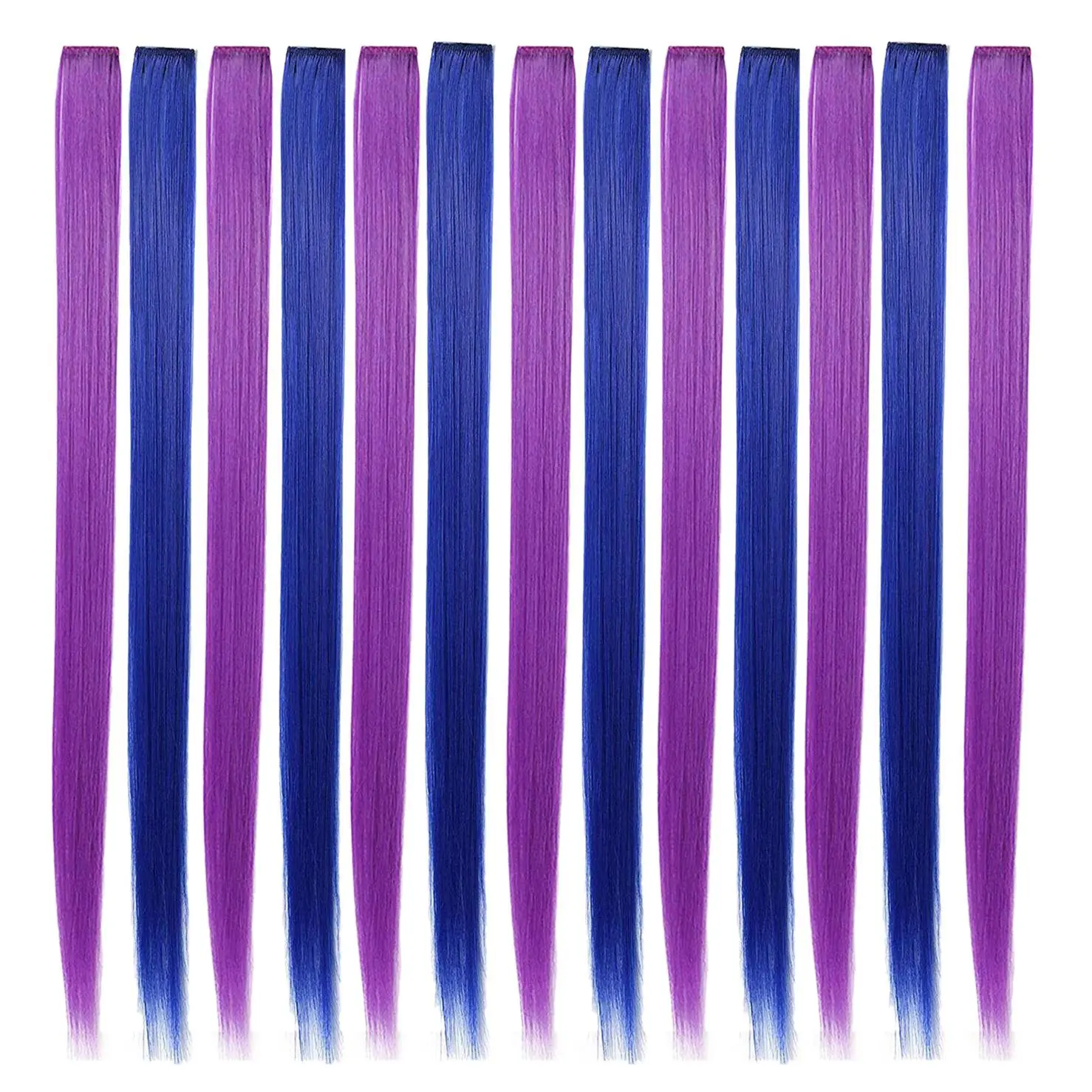 Female Funky Clip-in Hair Extensions - 13 Pcs 55cm Straight Heat-Resistant Synthetic Purple & Blue Highlights, 1-Piece Clips, for Halloween & Birthday Parties, Clip Hair Extensions