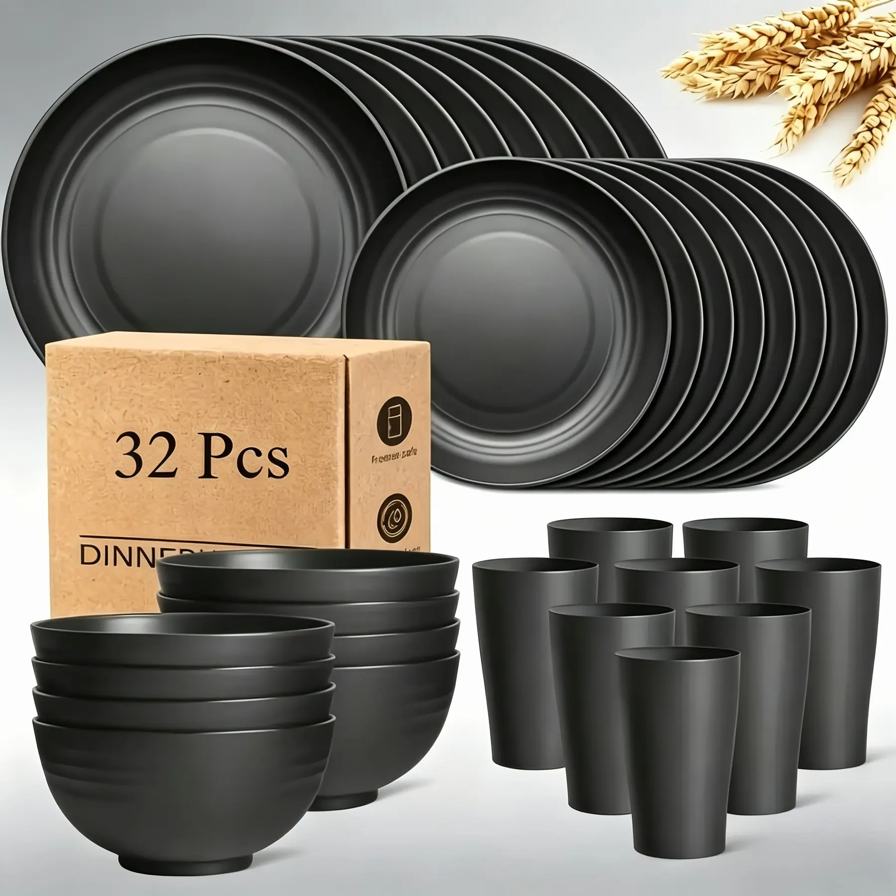32/16pcs Camping Wheat Straw Large Size Dinnerware Set, Service for 8, Lightweight Outdoor Camping Plates, Durable Dish Set-Plate/Dessert Plate/Bowl/Cup, Dishwasher And Microwave Safe, Hiking, RV, Picnic