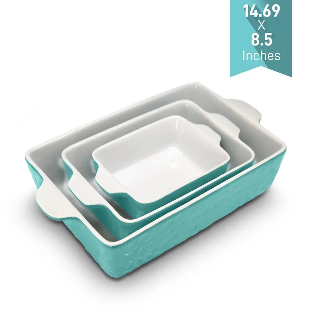 3-Piece Ceramic Casserole Set - Aqua | Non-Stick Bakeware with Non- Slip Handles - Multi-Size Serving Dishes for Baking, Cooking, Roasting & Food Prep - Dishwasher Safe, Microwavable & Refrigerator Safe - Kitchen Cooking Accessory