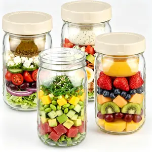 Glass Salad Jar 4 Pack 32oz with Lids for Meal Prep, Salad Container for Lunch, Jars with Dressing Cup, Mason Container, Meal Prep Jars