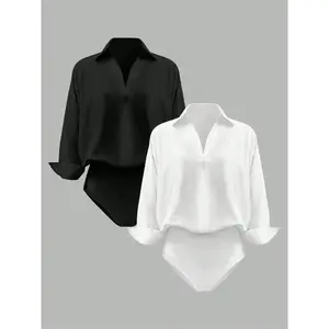 Women's 2-piece woven casual loose V-neck long sleeved shirt jumpsuit, stylish and elegant multifunctional set, suitable for layered or independent wearingRAIMENTRY