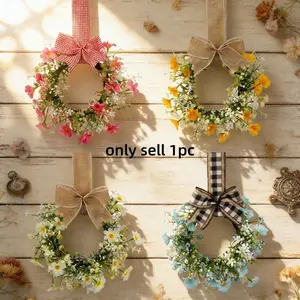 1PC Spring Simulated Bow Daisy Ring Window Door Wall Hanging Home Farmhouse Bowknot Decor, Fake Butterfly Knot Flower Decoration