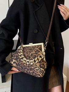 women's fashion random leopard print chain strap crossbody bag, casual large capacity shoulder bag for daily used, trendy all-match commuter bag