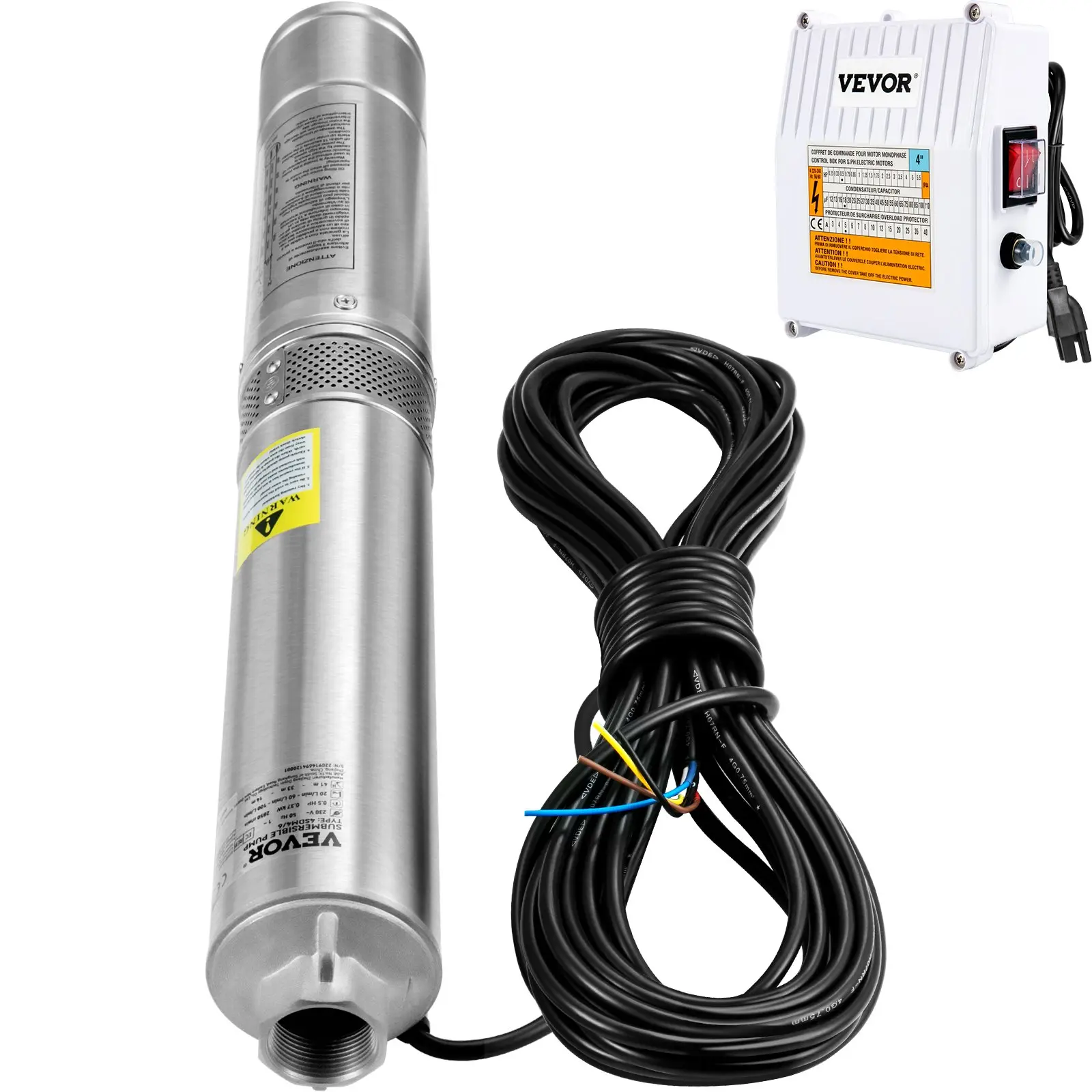 VEVOR 4" Stainless Steel Deep Well Submersible Pump, 1.5HP, 115V/60Hz, 37gpm High Flow Rate, 276 ft Head, 33 ft Cord, IP68 Rating