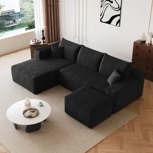 95" Cloud Sectional Sofa Modular Couch with 1 Ottoman,Modern Minimalist Upholstered Couches, Comfort U Shaped Sofa for Living Room,Deep Seat Corner Couch,No Assembly Required,Black (Plush Corduroy Fabric)