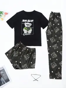 Summer 3 Piece Cute Teddy Bear "THIS BEAR Cool" & "Look Me" Print Pajama Set Women Short Sleeve Top & Heart Print Shorts & Long Pants Soft Lightweight Loungewear Casual Home Sleepwear